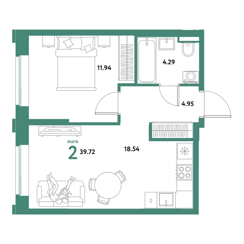 Планировка: Остров-сад 2-комнатная 39,72м²