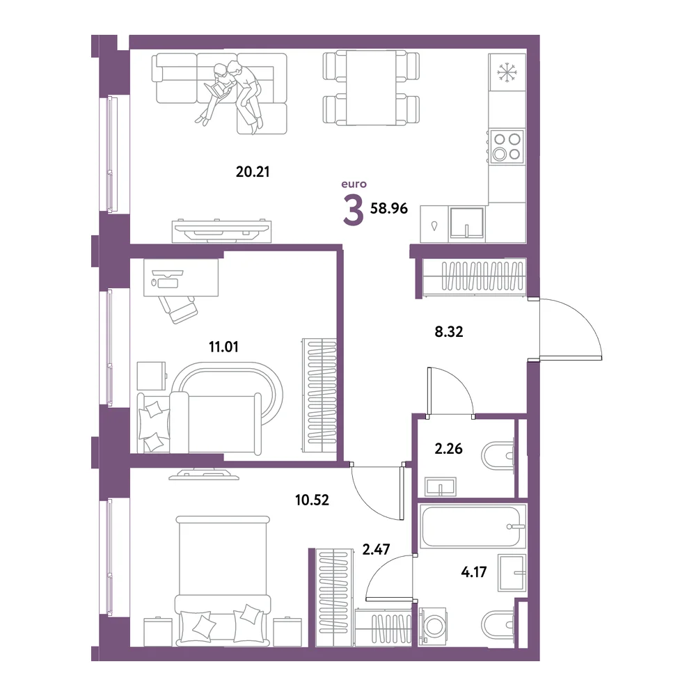 Планировка: Остров-сад 3-комнатная 58,96м²