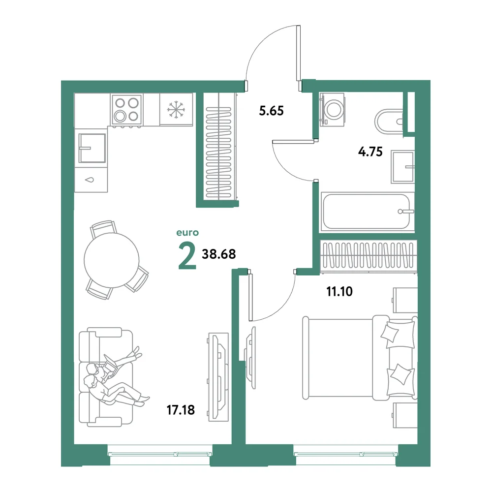 Планировка: Остров-сад 2-комнатная 38,68м²