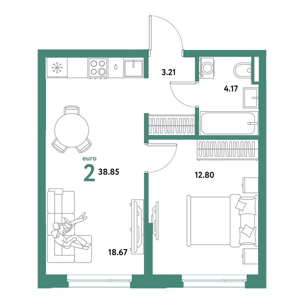Планировка: Остров-сад 2-комнатная 38,85м²