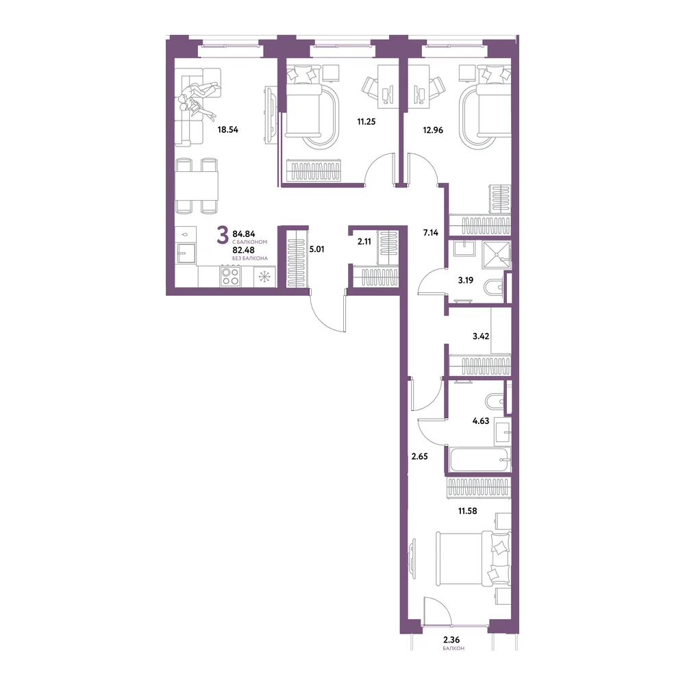 Планировка: Остров-сад 3-комнатная 84,84м²