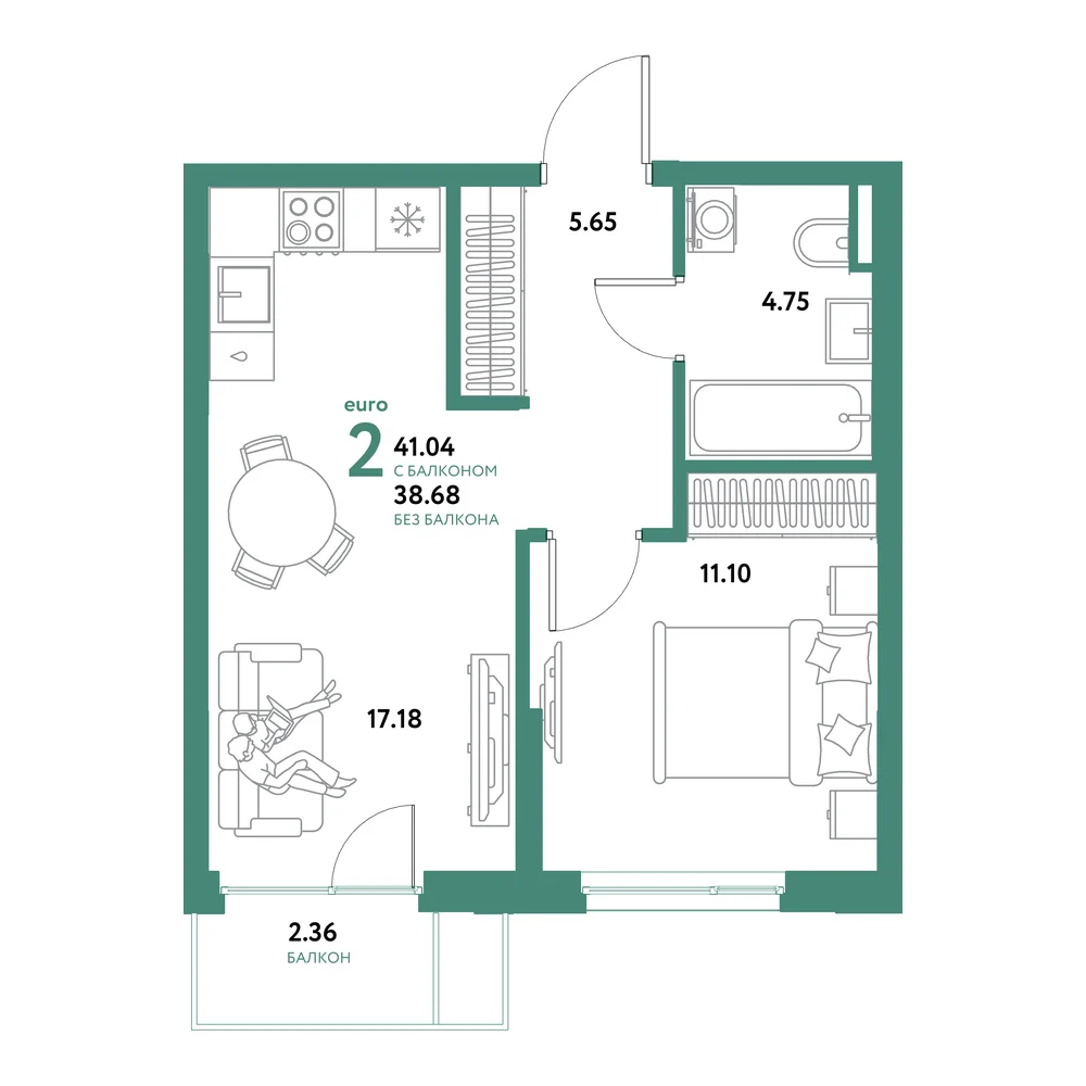 Планировка: Остров-сад 2-комнатная 41,04м²