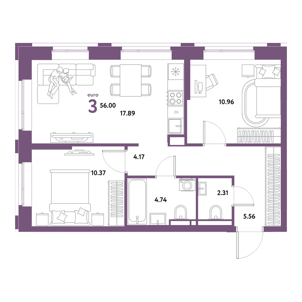 Планировка: Остров-сад 3-комнатная 56,00м²
