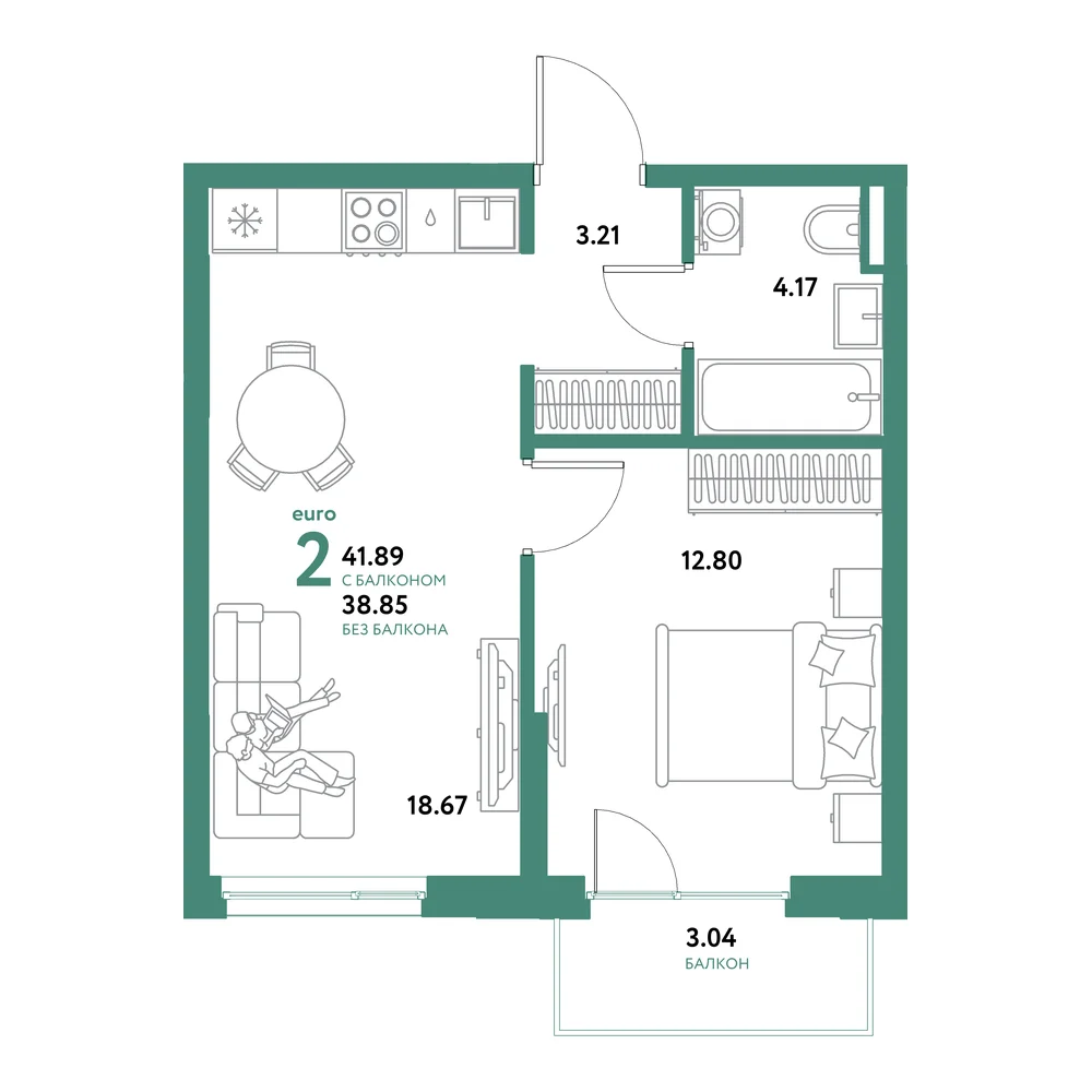 Планировка: Остров-сад 2-комнатная 41,89м²