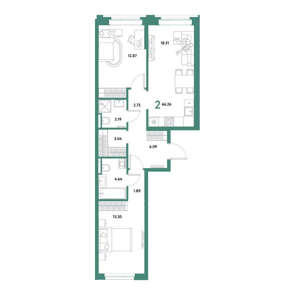 Планировка: Остров-сад 2-комнатная 66,26м²