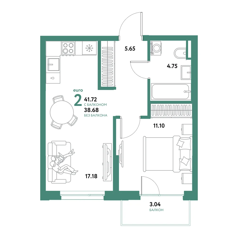 Планировка: Остров-сад 2-комнатная 41,72м²