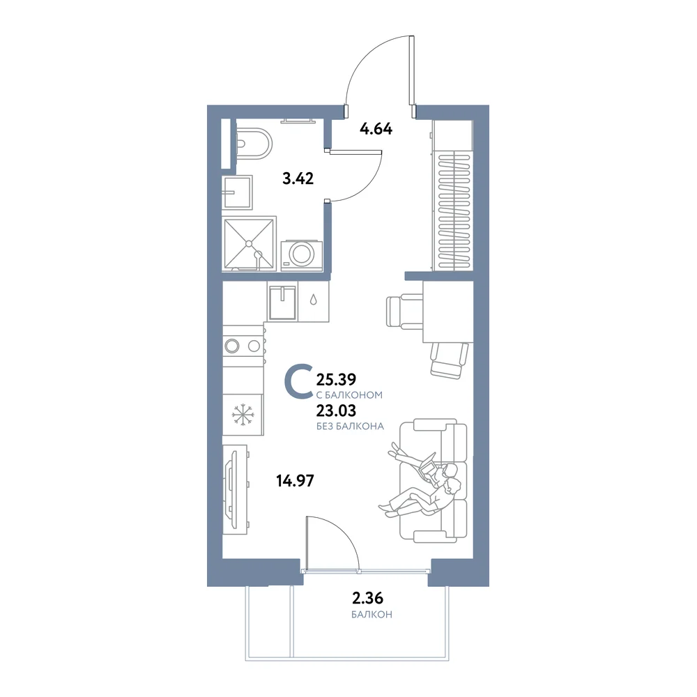 Планировка: Остров-сад Студия 25,39м²