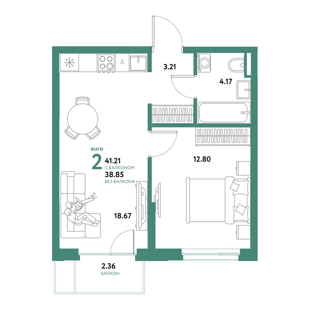 Планировка: Остров-сад 2-комнатная 41,21м²