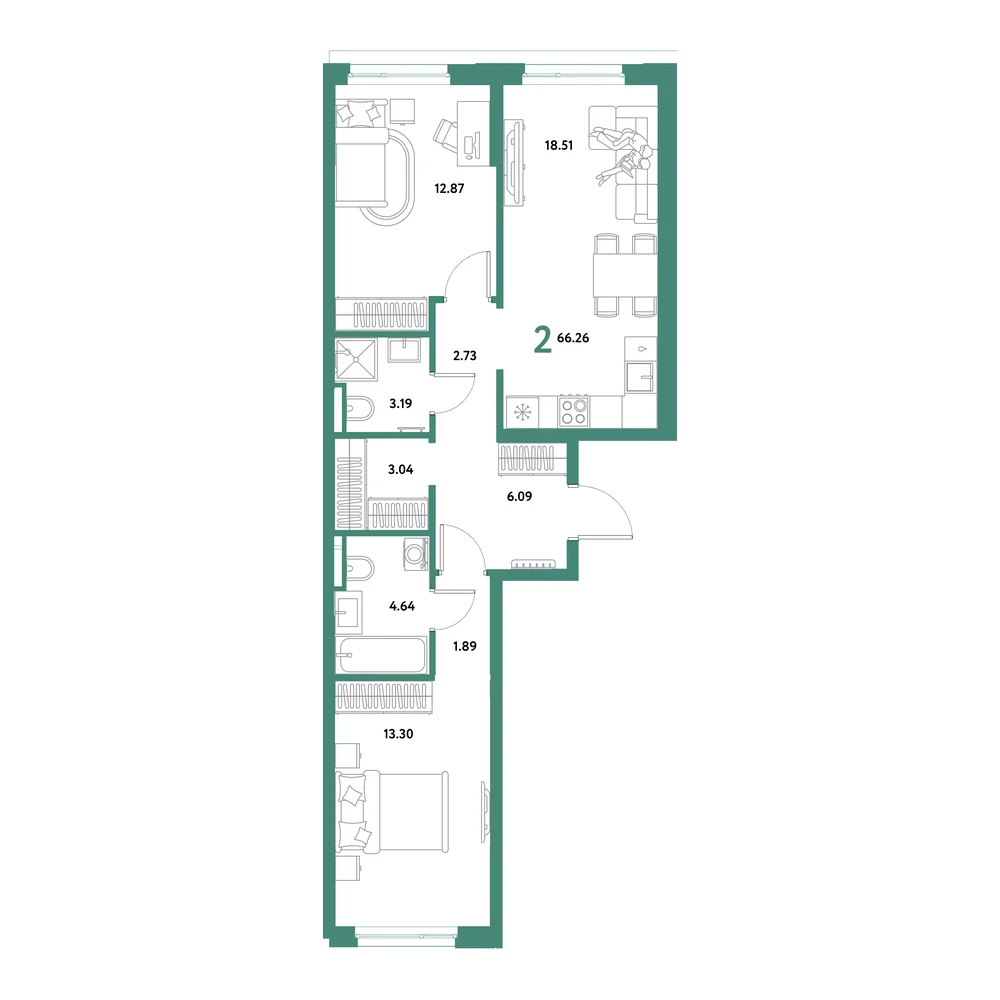 Планировка: Остров-сад 2-комнатная 66,26м²