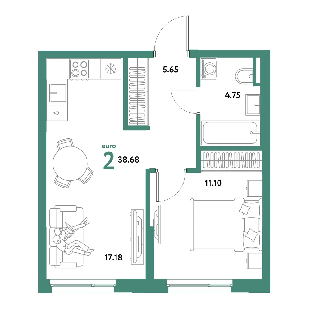 Планировка: Остров-сад 2-комнатная 38,68м²