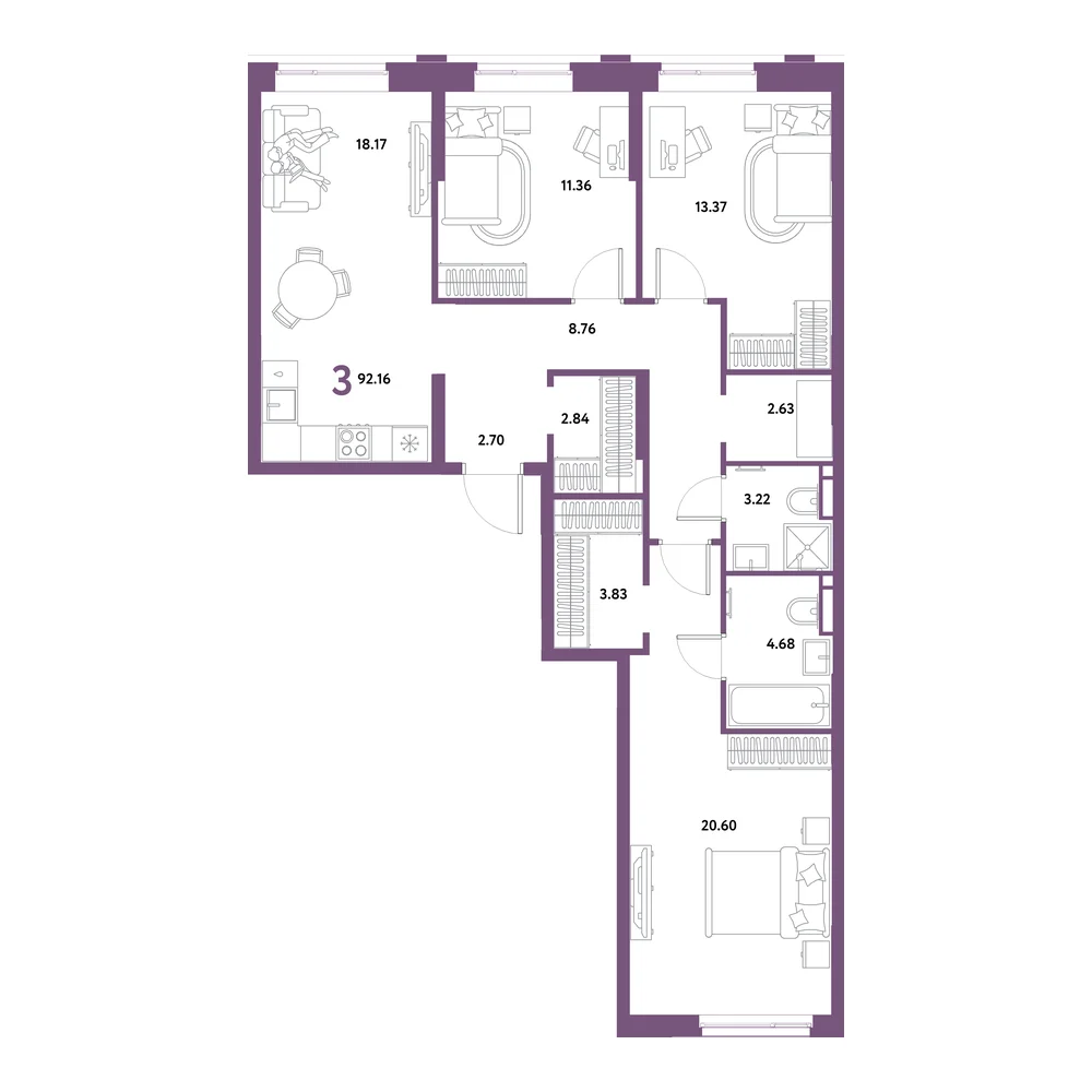 Планировка: Остров-сад 3-комнатная 92,16м²