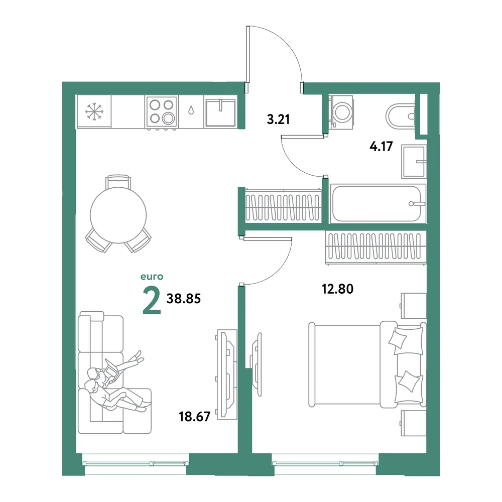 Планировка: Остров-сад 2-комнатная 38,85м²