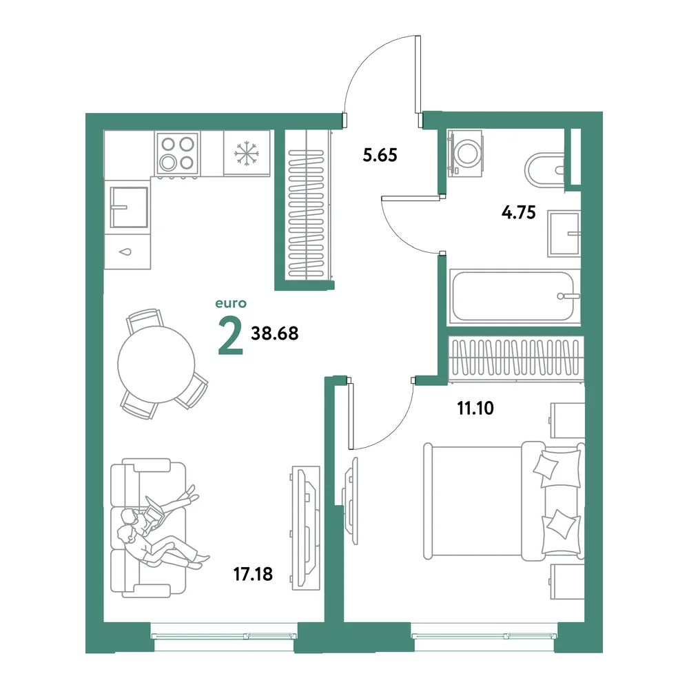 Планировка: Остров-сад 2-комнатная 38,68м²