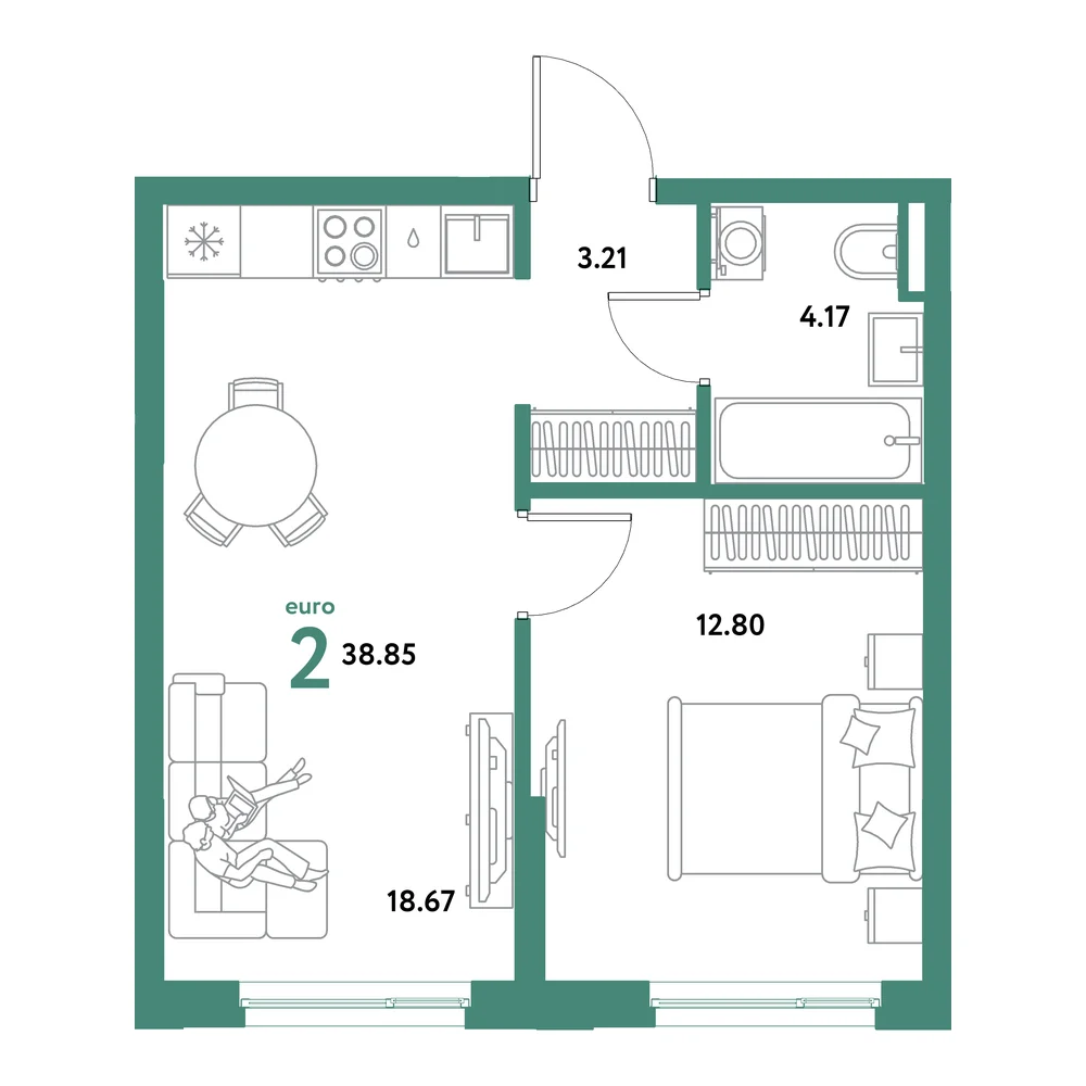 Планировка: Остров-сад 2-комнатная 38,85м²