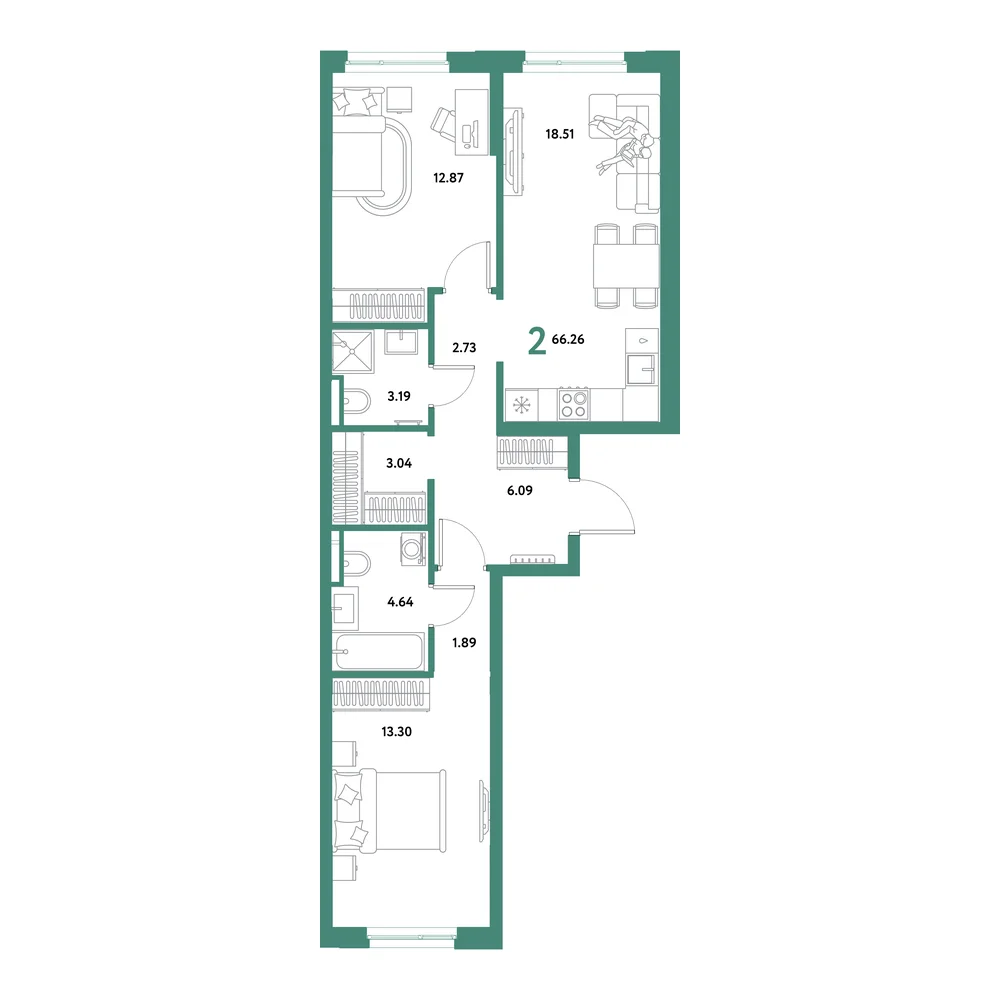 Планировка: Остров-сад 2-комнатная 66,26м²