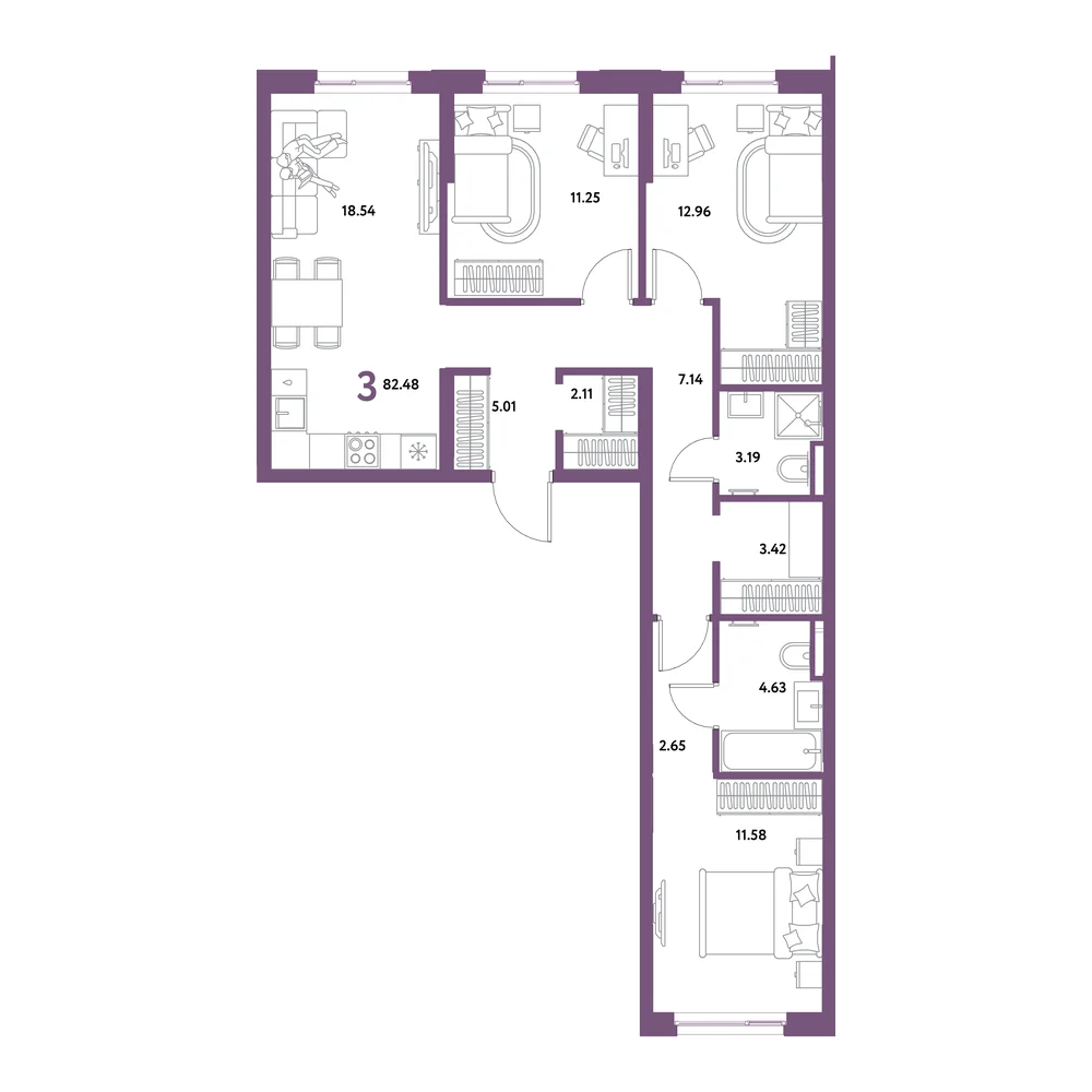 Планировка: Остров-сад 3-комнатная 82,48м²