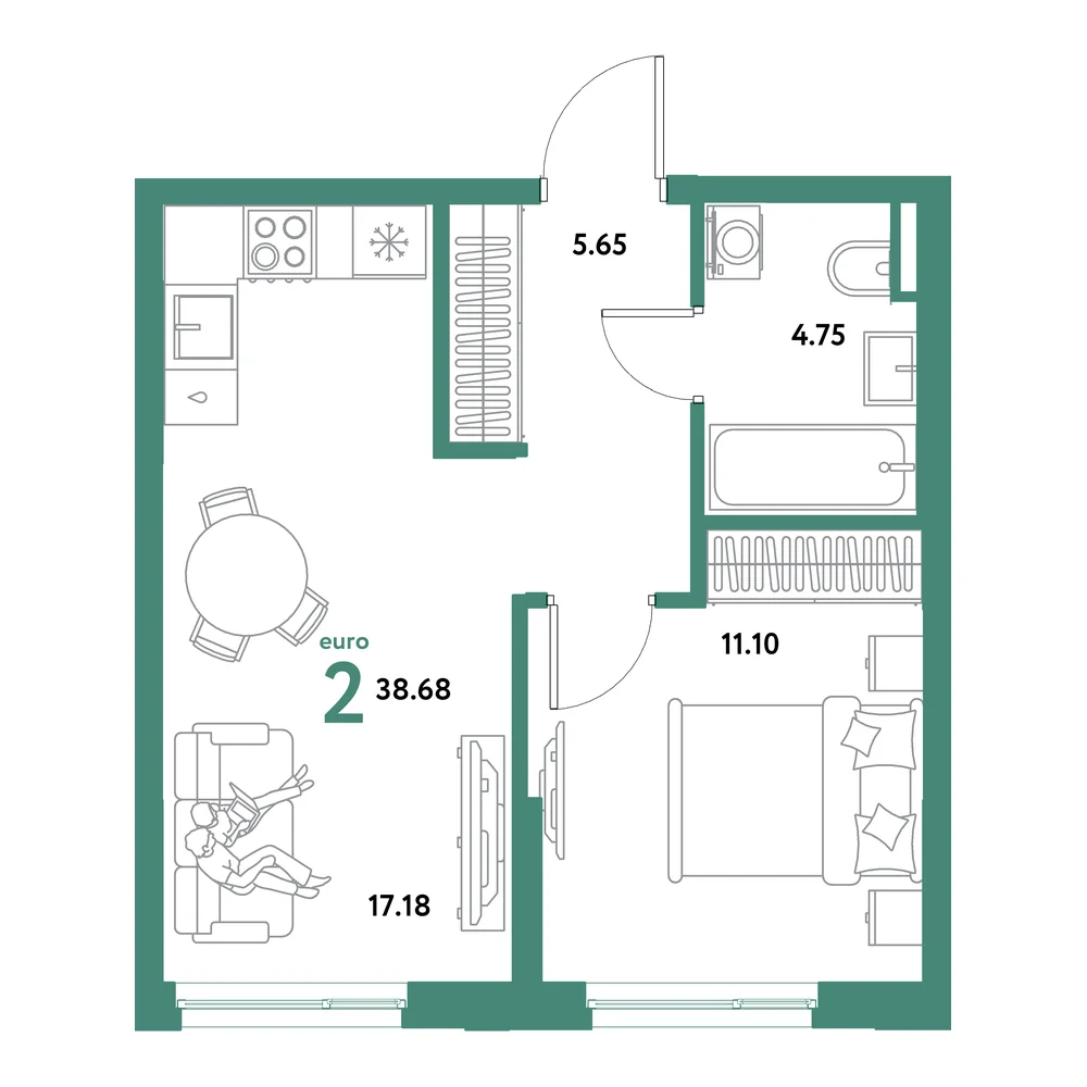 Планировка: Остров-сад 2-комнатная 38,68м²