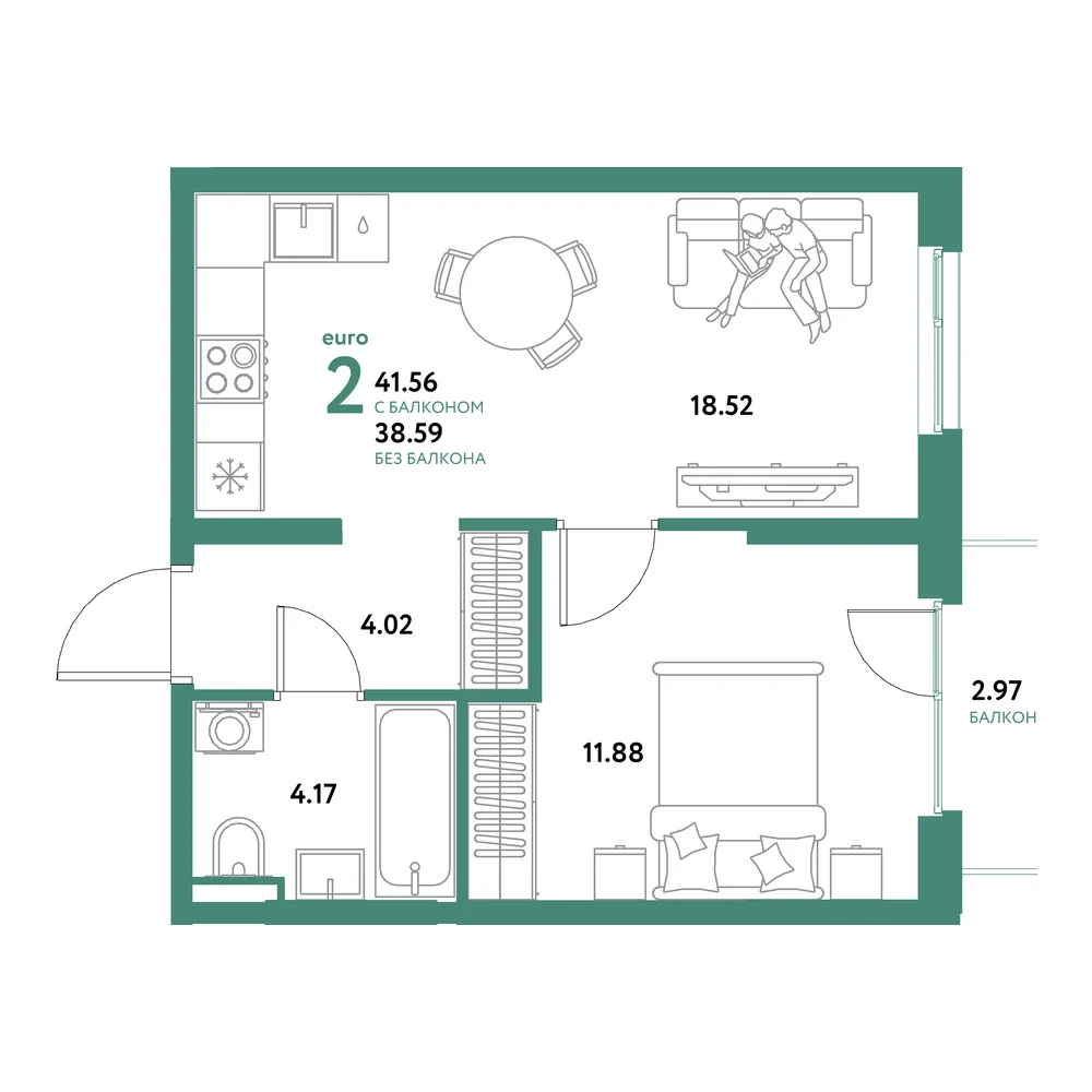 Планировка: Остров-сад 2-комнатная 41,56м²
