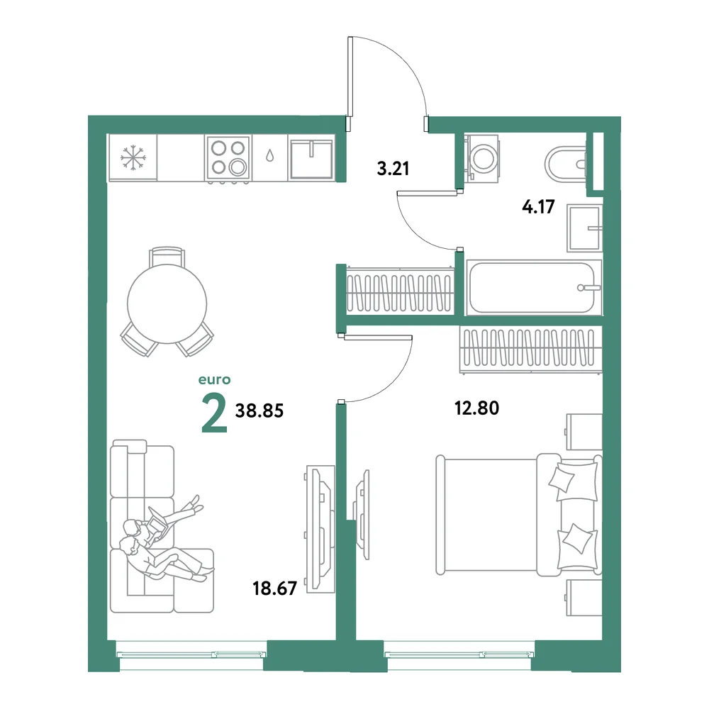 Планировка: Остров-сад 2-комнатная 38,85м²