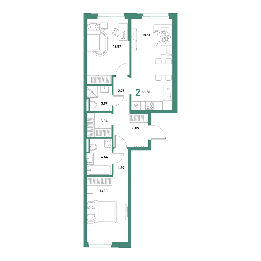 Планировка: Остров-сад 2-комнатная 66,26м²