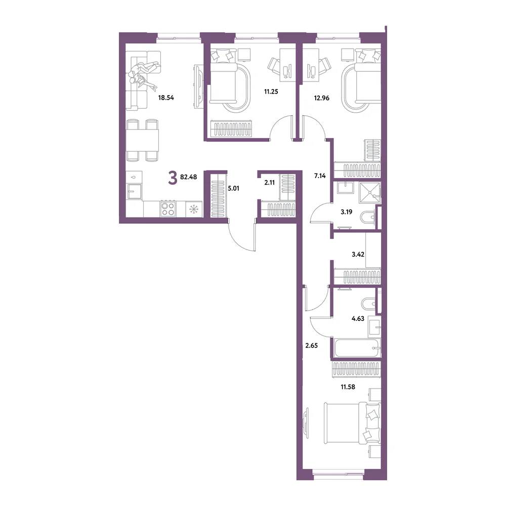 Планировка: Остров-сад 3-комнатная 82,48м²