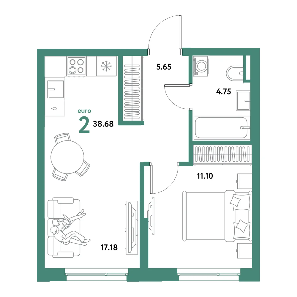 Планировка: Остров-сад 2-комнатная 38,68м²