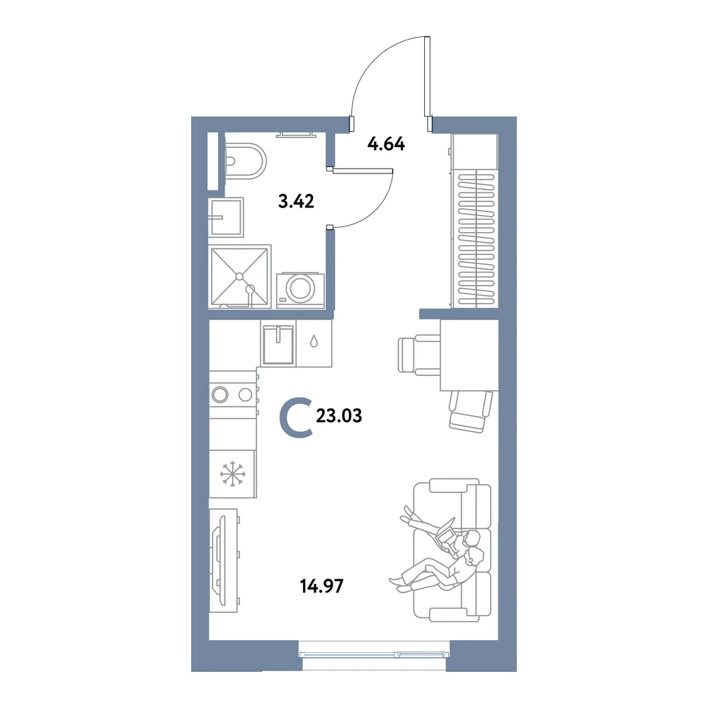 Планировка: Остров-сад Студия 23,03м²