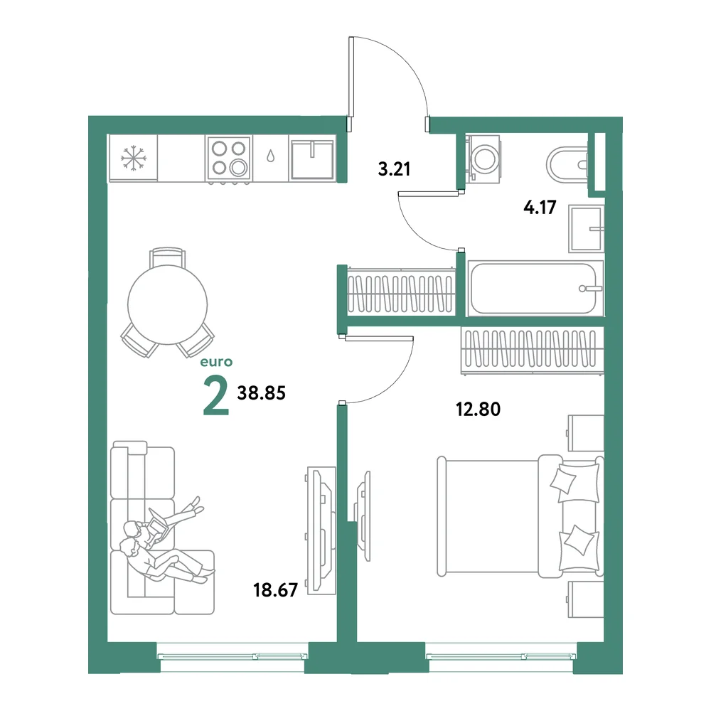 Планировка: Остров-сад 2-комнатная 38,85м²