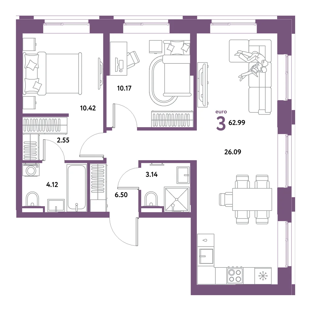 Планировка: Остров-сад 3-комнатная 62,99м²