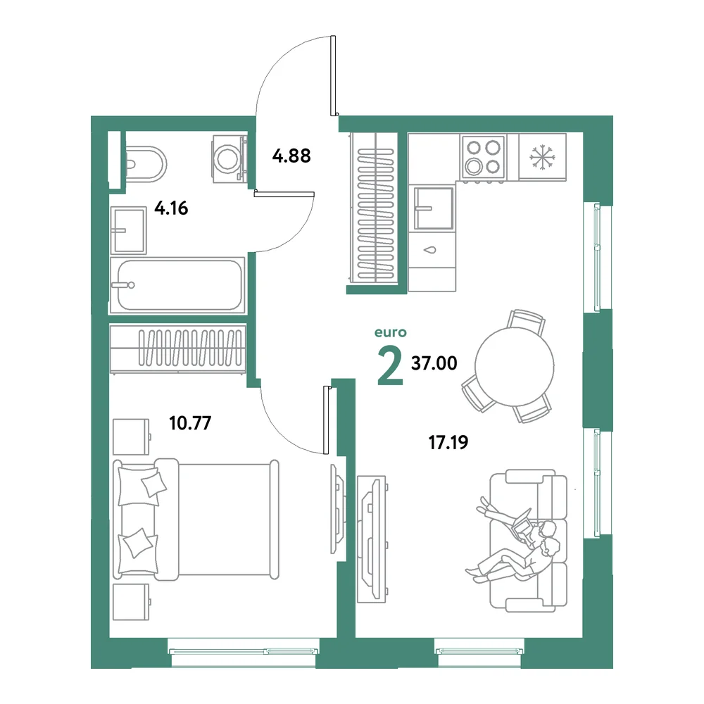 Планировка: Остров-сад 2-комнатная 37,00м²