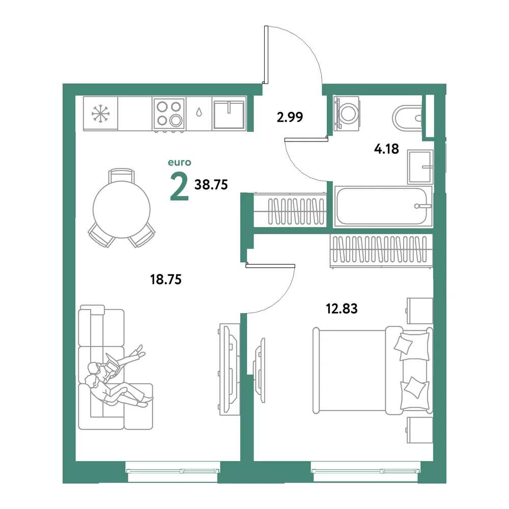 Планировка: Остров-сад 2-комнатная 38,75м²