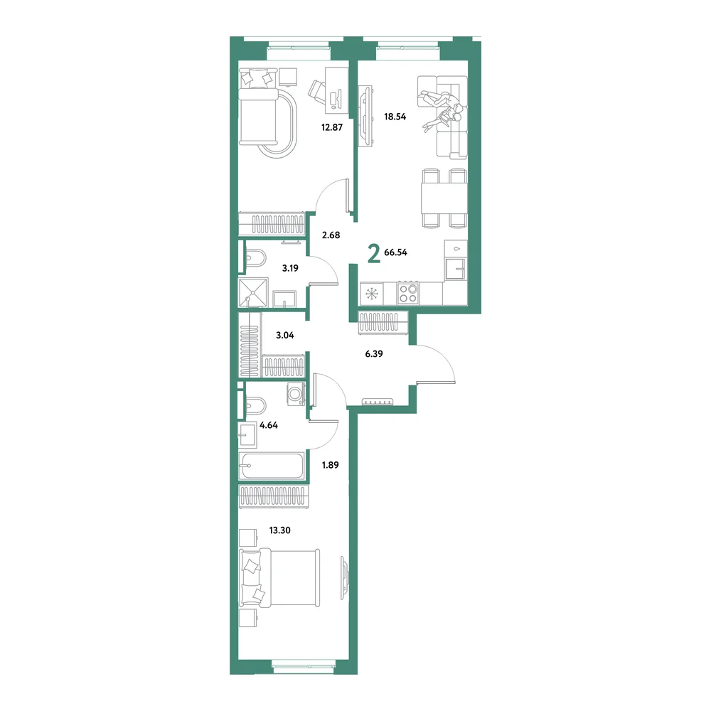 Планировка: Остров-сад 2-комнатная 66,54м²