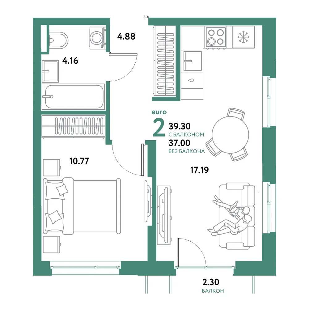 Планировка: Остров-сад 2-комнатная 39,30м²
