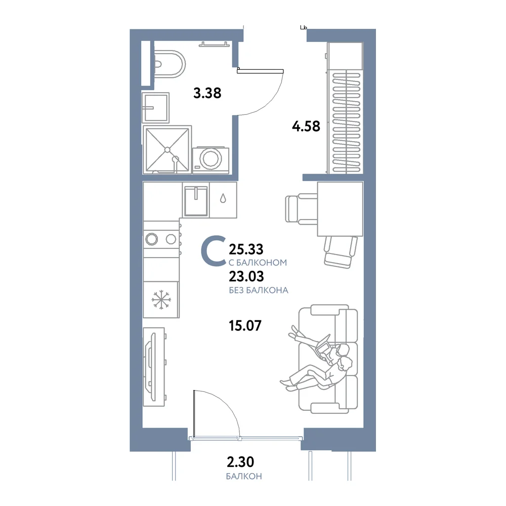 Планировка: Остров-сад Студия 25,33м²