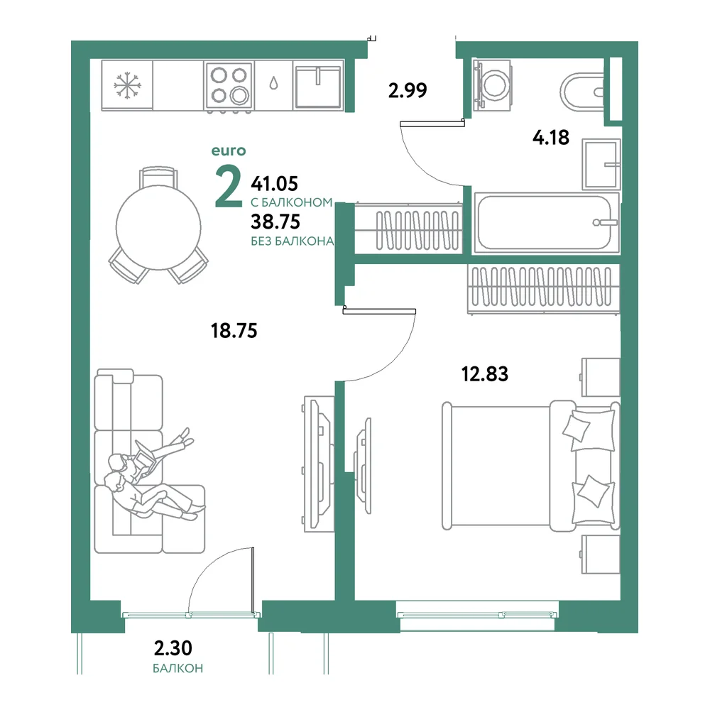 Планировка: Остров-сад 2-комнатная 41,05м²