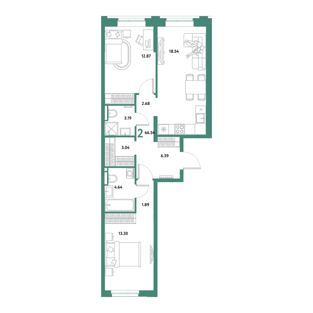 Планировка: Остров-сад 2-комнатная 66,54м²