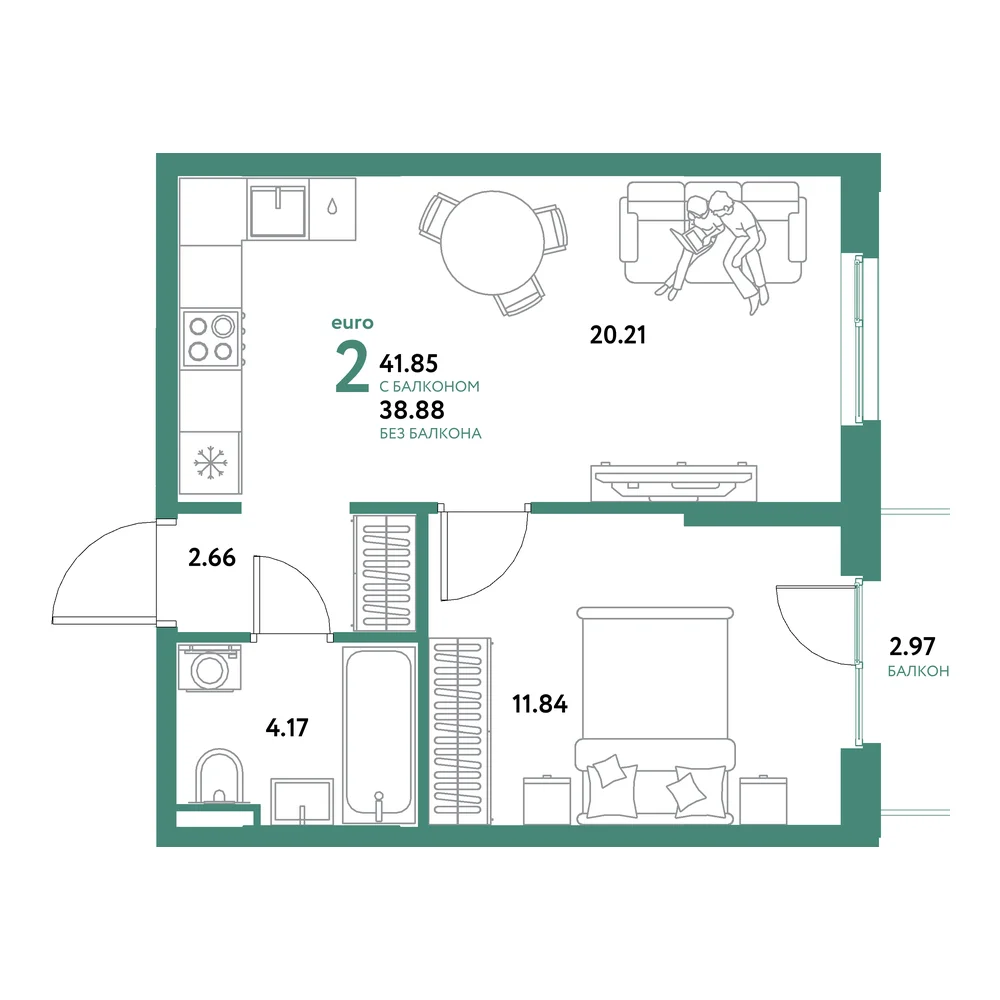 Планировка: Остров-сад 2-комнатная 41,85м²