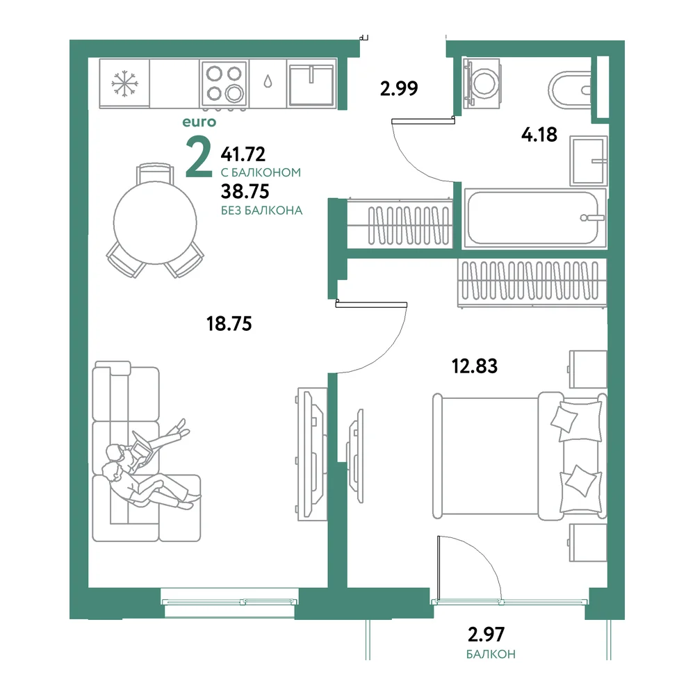 Планировка: Остров-сад 2-комнатная 41,72м²