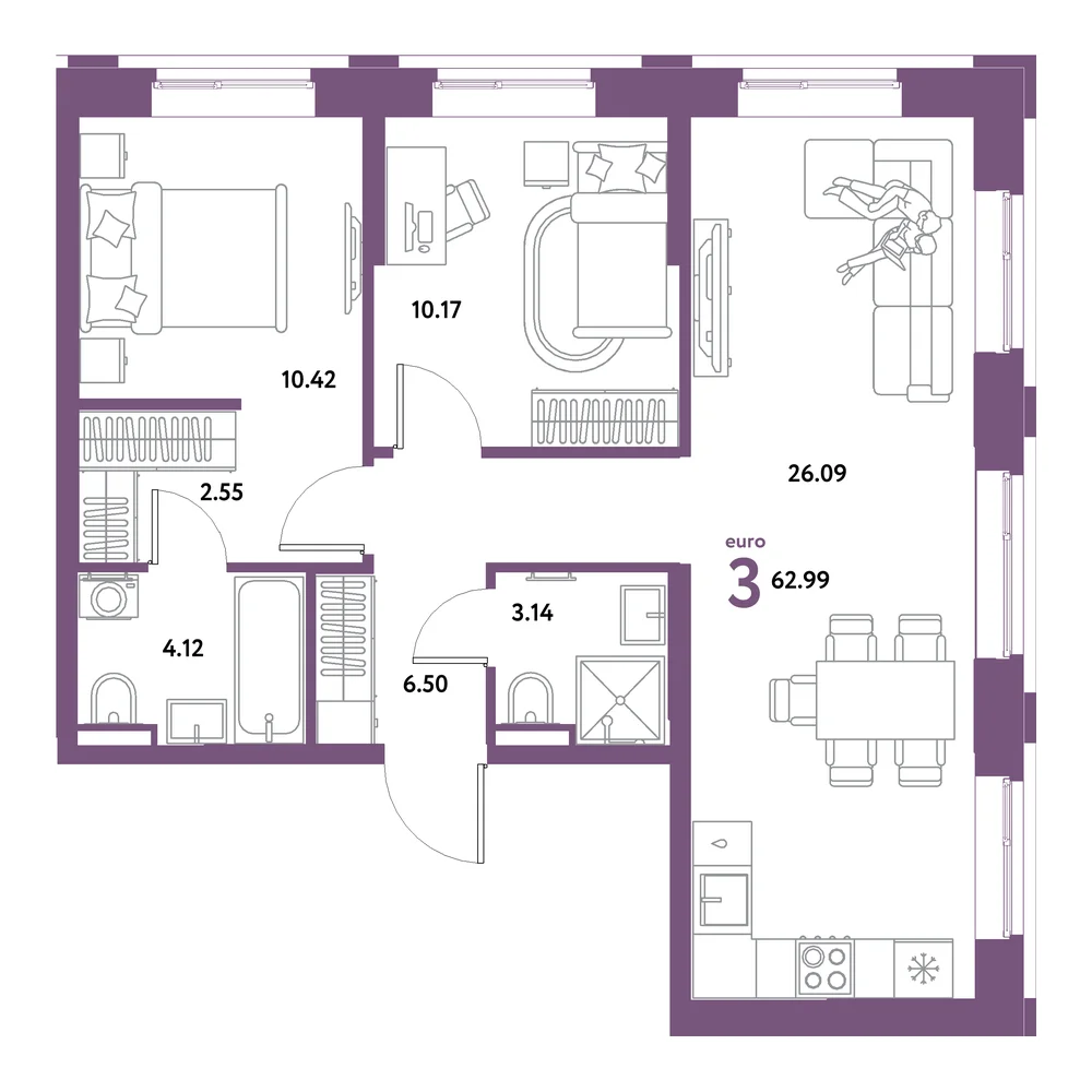 Планировка: Остров-сад 3-комнатная 62,99м²