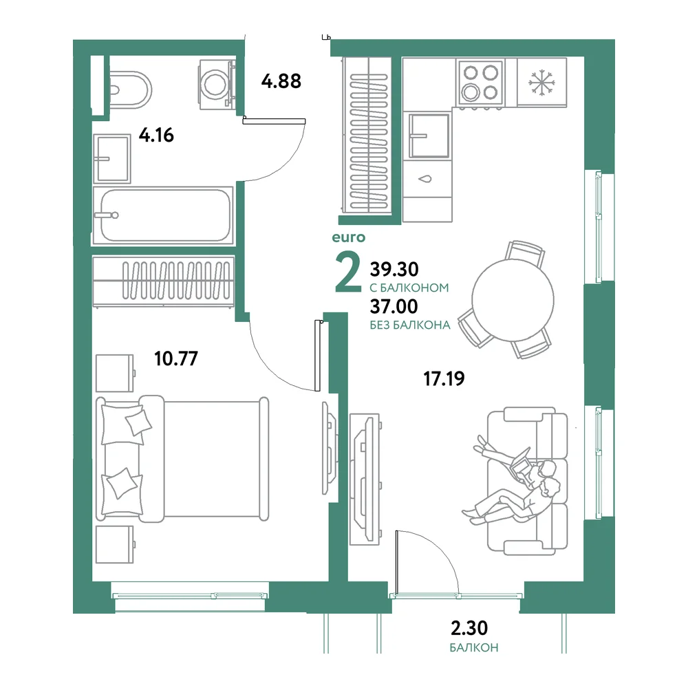 Планировка: Остров-сад 2-комнатная 39,30м²