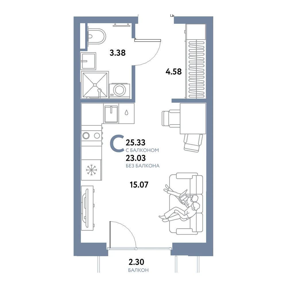 Планировка: Остров-сад Студия 25,33м²