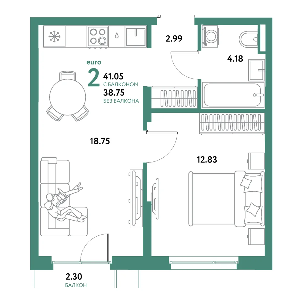 Планировка: Остров-сад 2-комнатная 41,05м²
