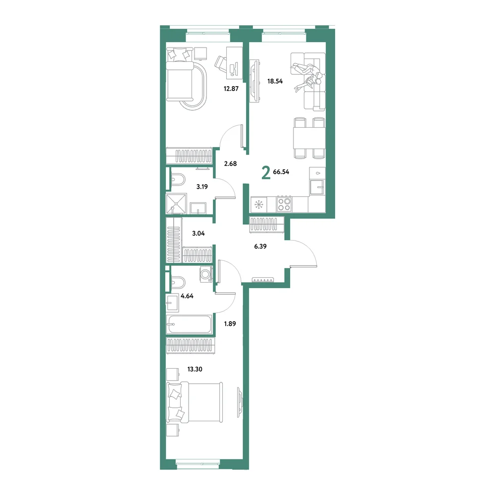 Планировка: Остров-сад 2-комнатная 66,54м²