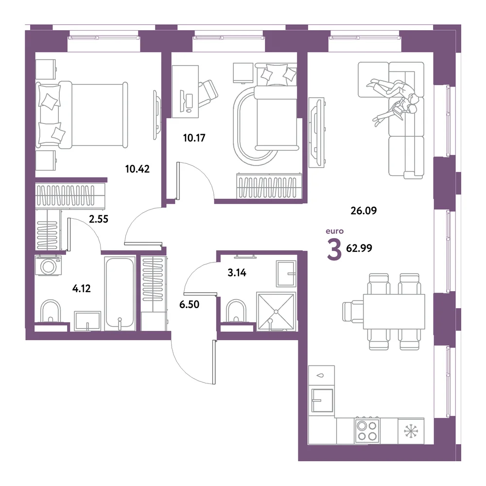 Планировка: Остров-сад 3-комнатная 62,99м²