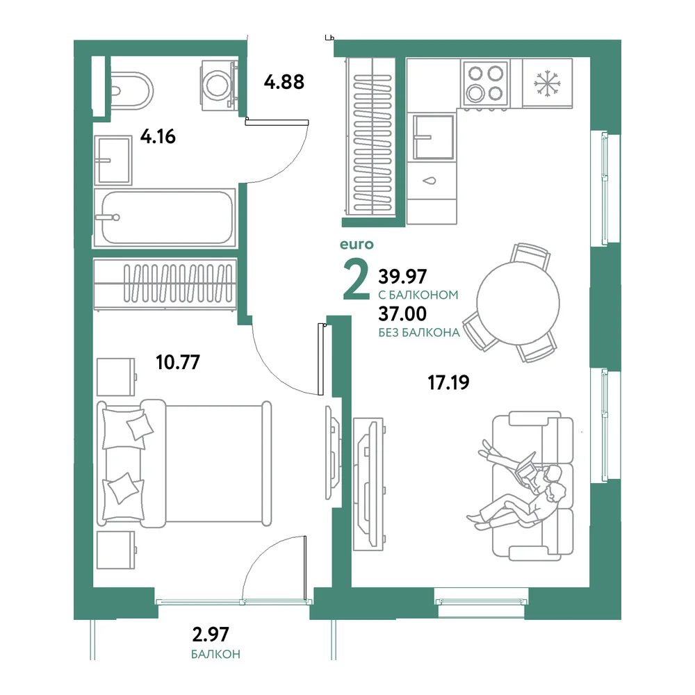 Планировка: Остров-сад 2-комнатная 39,97м²