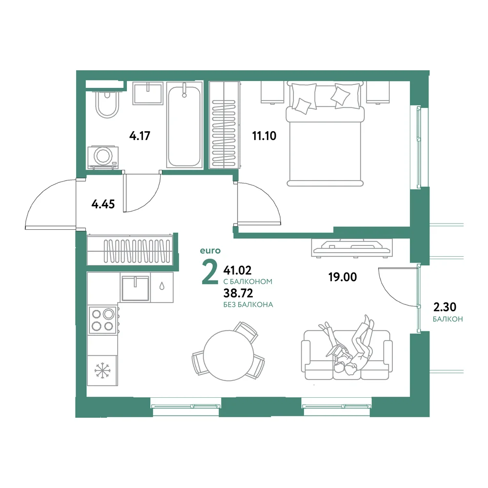 Планировка: Остров-сад 2-комнатная 41,02м²