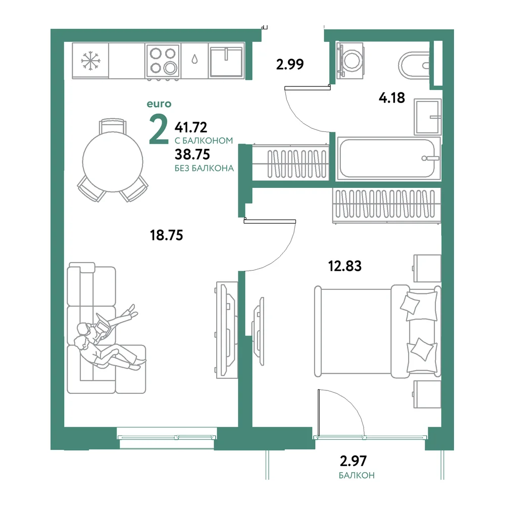 Планировка: Остров-сад 2-комнатная 41,72м²