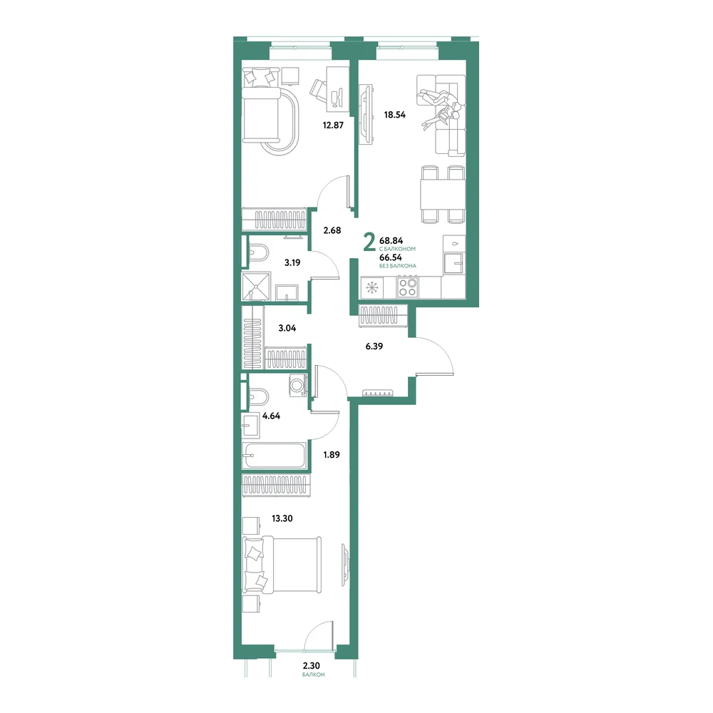 Планировка: Остров-сад 2-комнатная 68,84м²