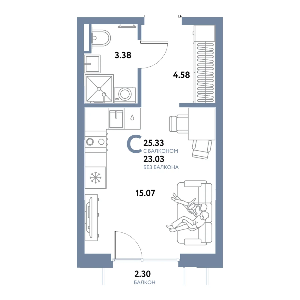 Планировка: Остров-сад Студия 25,33м²