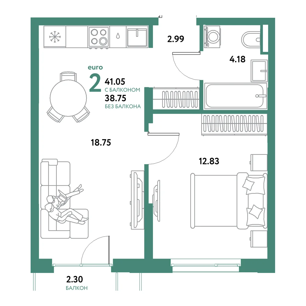 Планировка: Остров-сад 2-комнатная 41,05м²